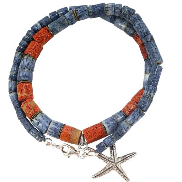 Vintage Natural Untreated Blue & Red Coral Heishi Bead Necklace Starfish Pendant - Picture 13 of 14